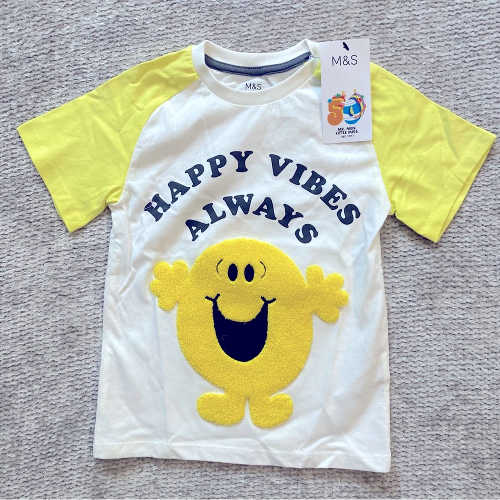 M&S Mr. Happy‎ 50th Anniversary Tee 3-4Y NWT Yellow Retro Graphic Shirt